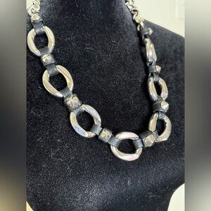 Vince Camuto chunky silver tone chain faux leather studded punk chic necklace